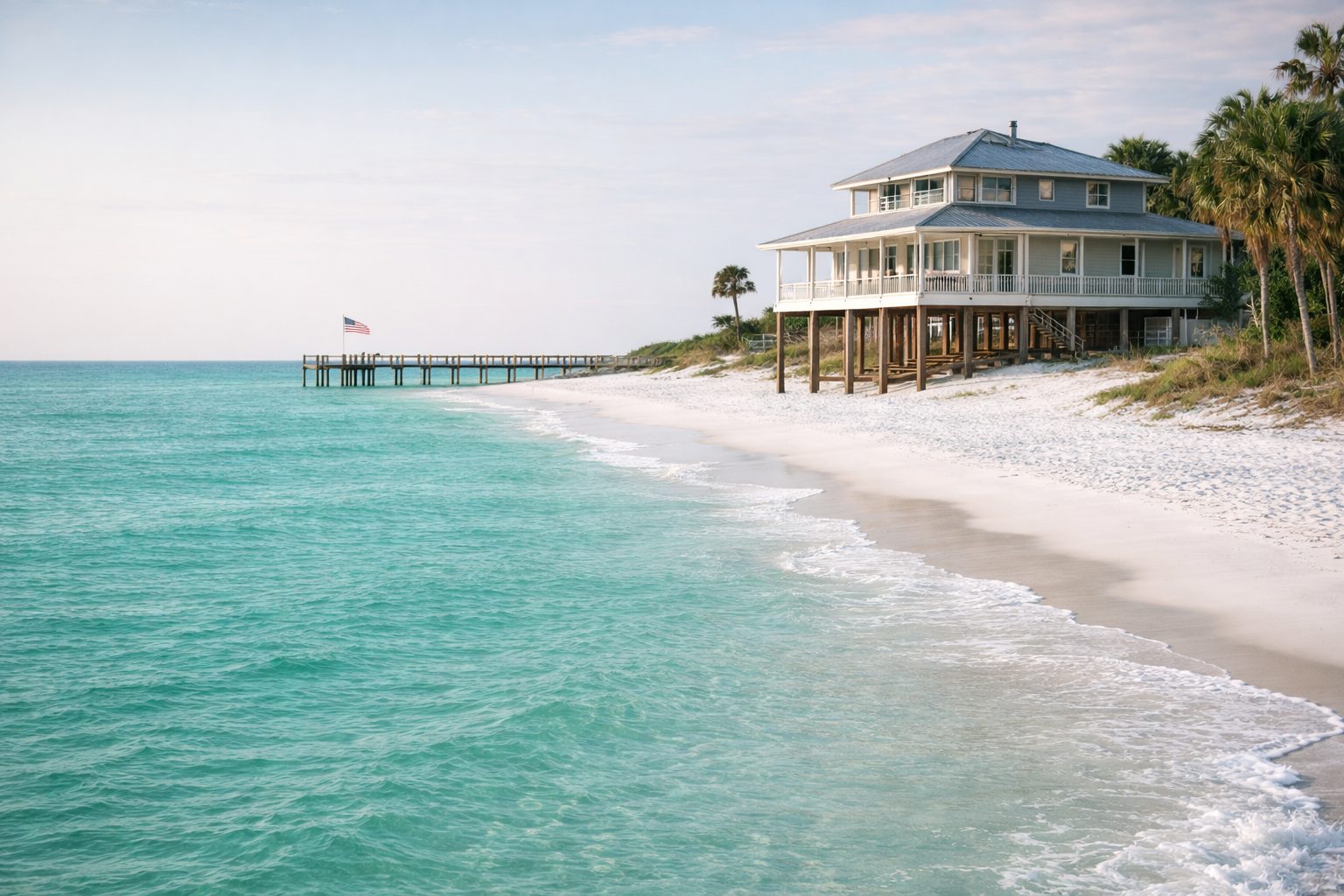 Elevated beachfront home on crystal white sand along the emerald Gulf waters of Northwest Florida with dock and American flag in steady daylight.