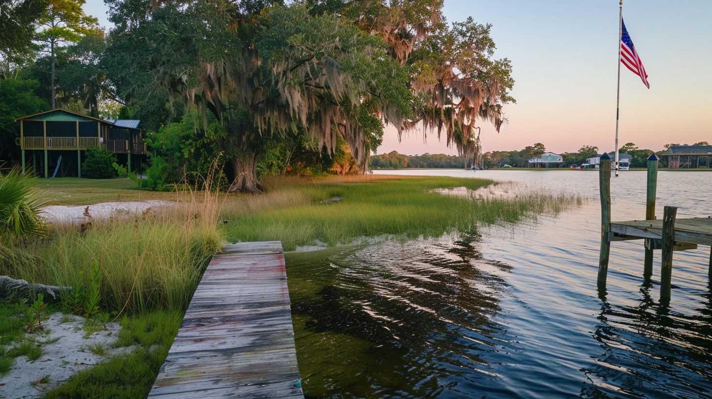 Military relocation to Northwest Florida along a calm Emerald Coast bay shoreline