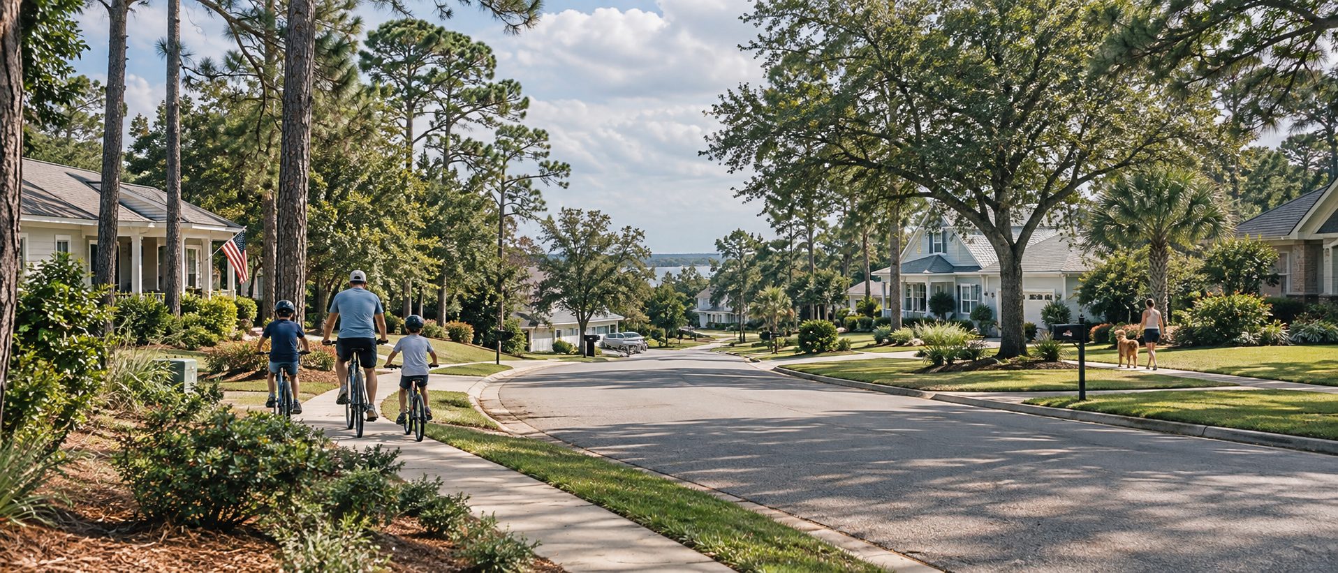 Family biking through an established Northwest Florida neighborhood while choosing a community that fits their lifestyle
