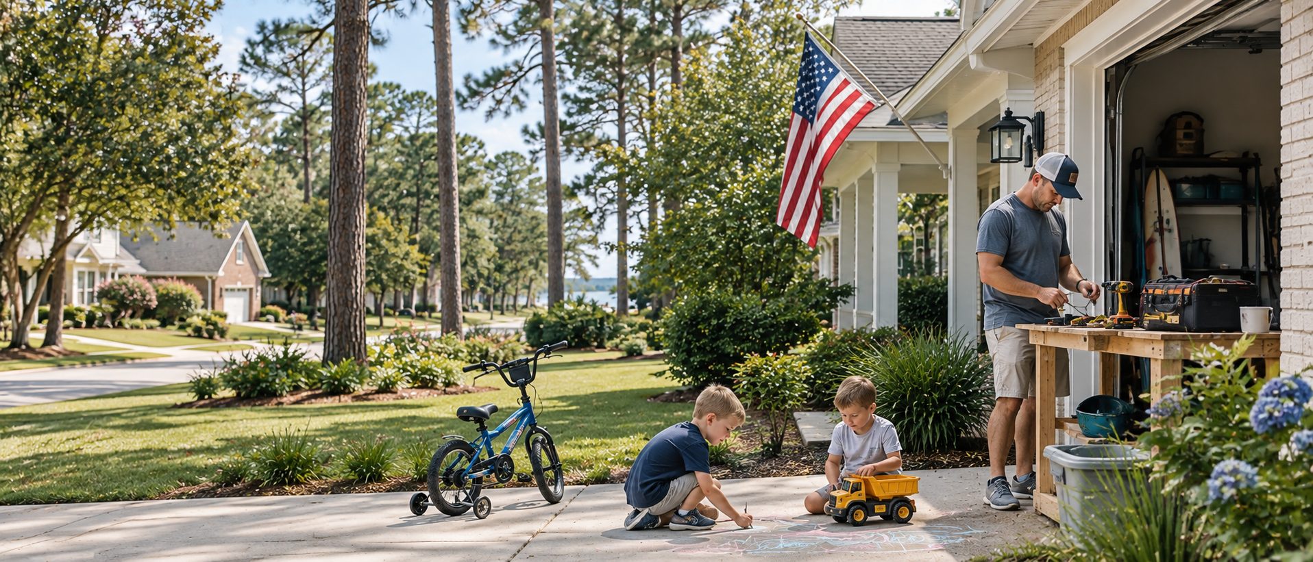 Father caring for a Northwest Florida home while his young children play nearby