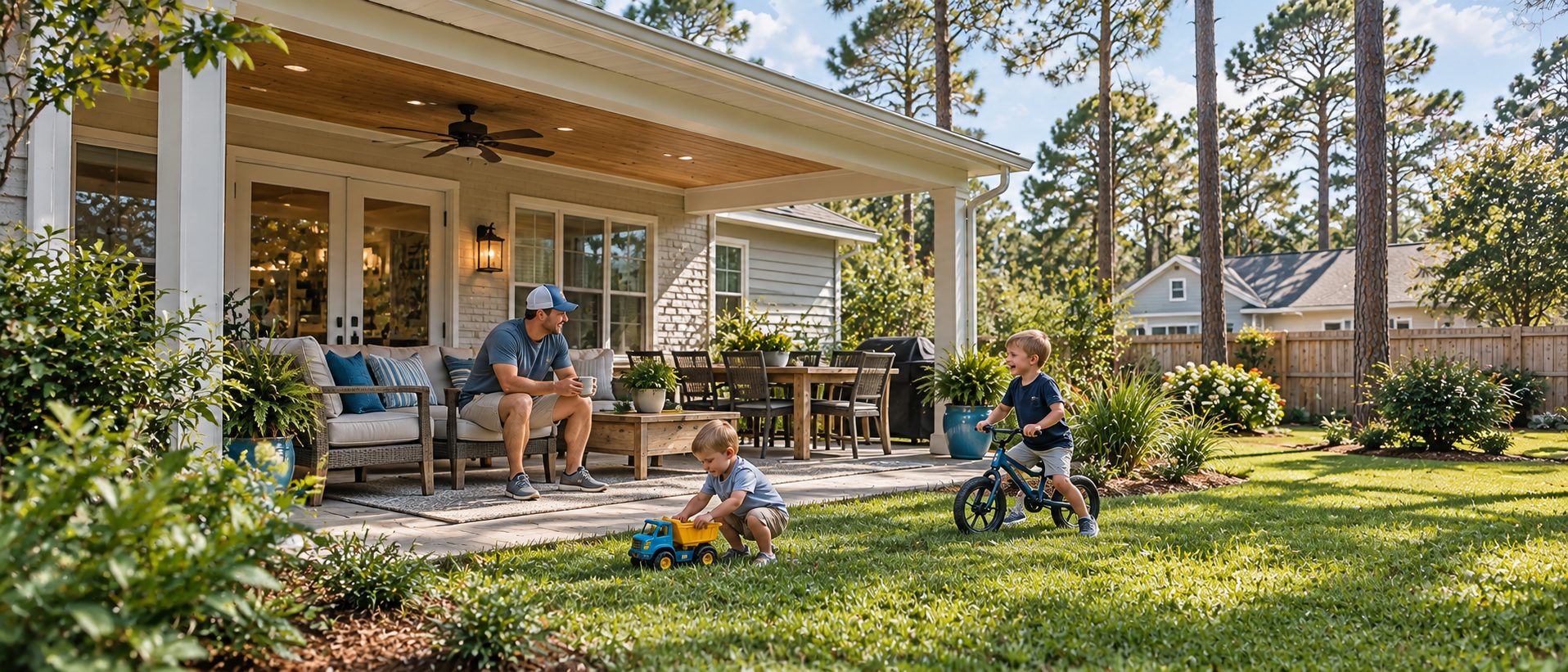 Father and two young children enjoying a covered backyard patio at a Northwest Florida home.