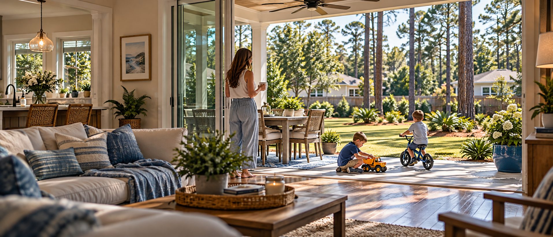 Parent enjoying a quiet moment in a Northwest Florida family home overlooking a backyard.